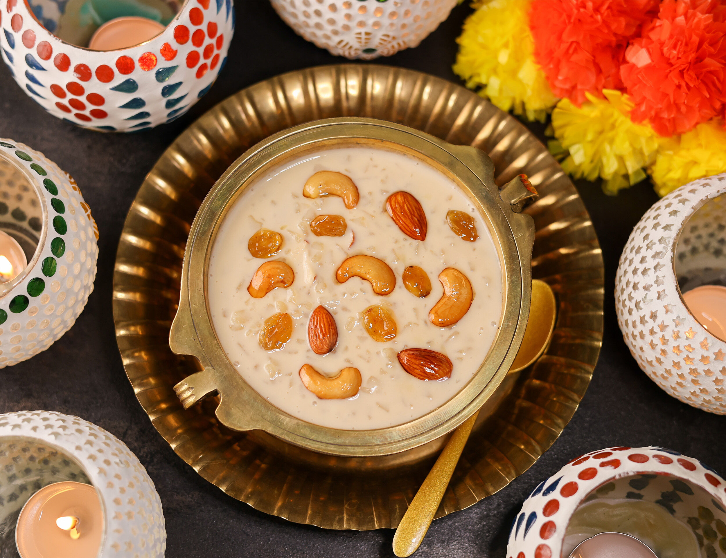 A bowl of creamy kheer garnished with almonds and cashews, a traditional Ram Navami delicacy.